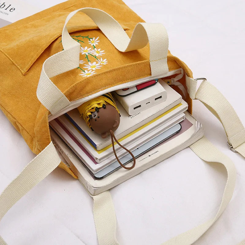 Women Canvas Tote Shopper Bag Corduroy Handbag Crossbody Book Bags