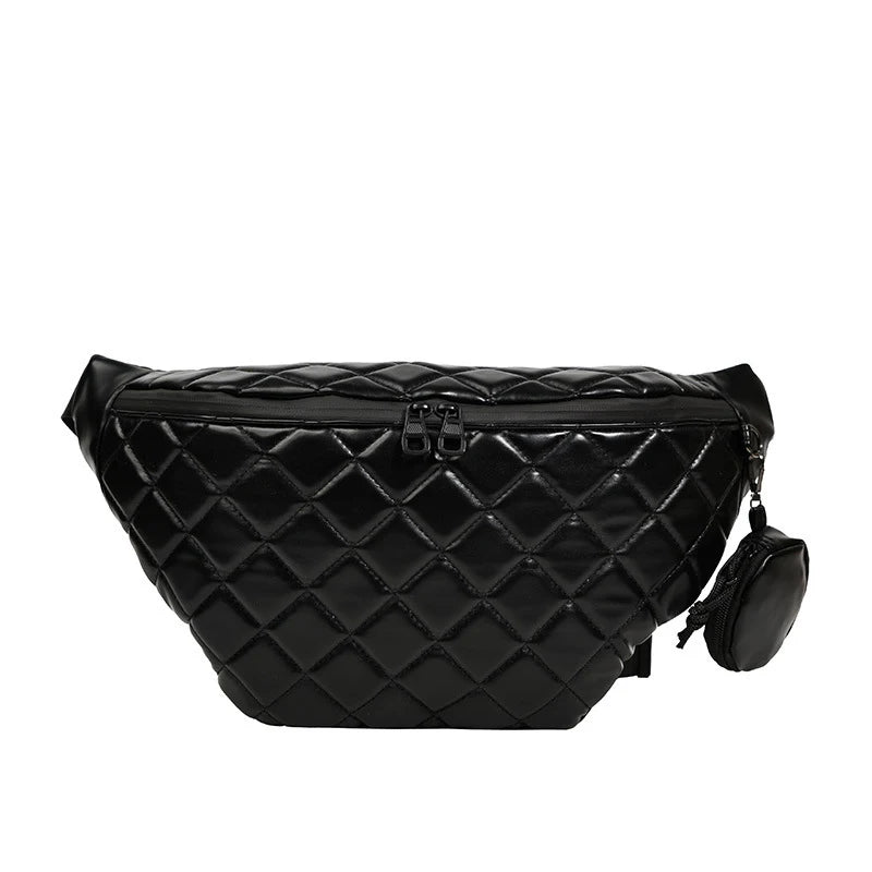 Large Women's Waist Bag Chest Bag Grid Leather Waterproof Fanny Pack