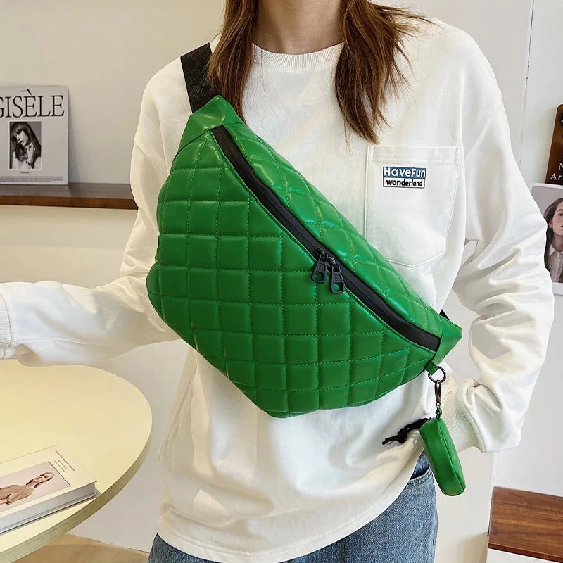 Large Women's Waist Bag Chest Bag Grid Leather Waterproof Fanny Pack