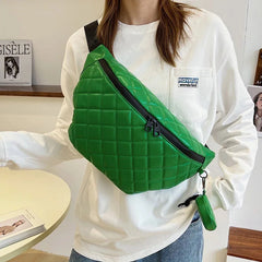 Large Women's Waist Bag Chest Bag Grid Leather Waterproof Fanny Pack