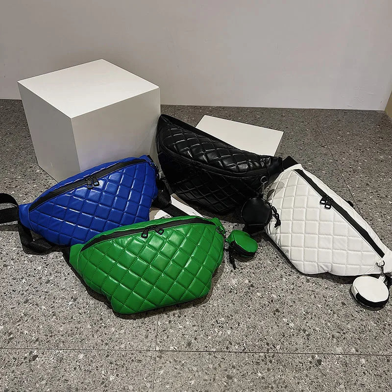 Large Women's Waist Bag Chest Bag Grid Leather Waterproof Fanny Pack