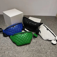Large Women's Waist Bag Chest Bag Grid Leather Waterproof Fanny Pack