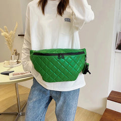 Large Women's Waist Bag Chest Bag Grid Leather Waterproof Fanny Pack