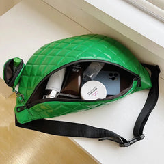 Large Women's Waist Bag Chest Bag Grid Leather Waterproof Fanny Pack