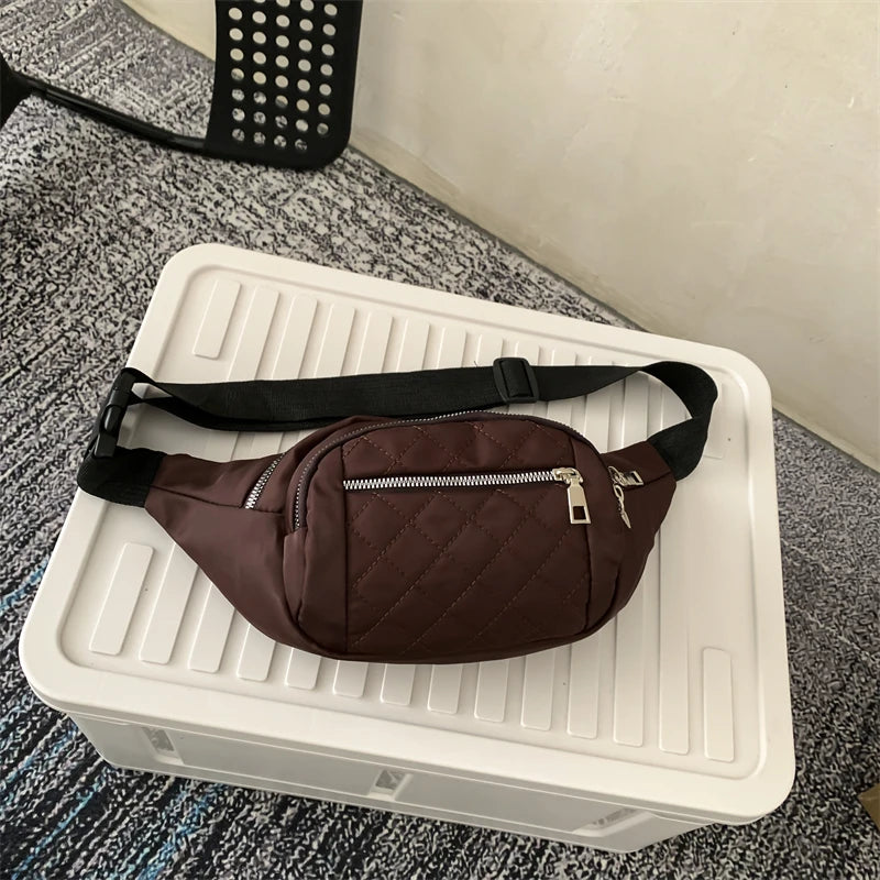Large Women's Waist Bag Chest Bag Nylon Waterproof Fanny Pack Lattice Crossbody