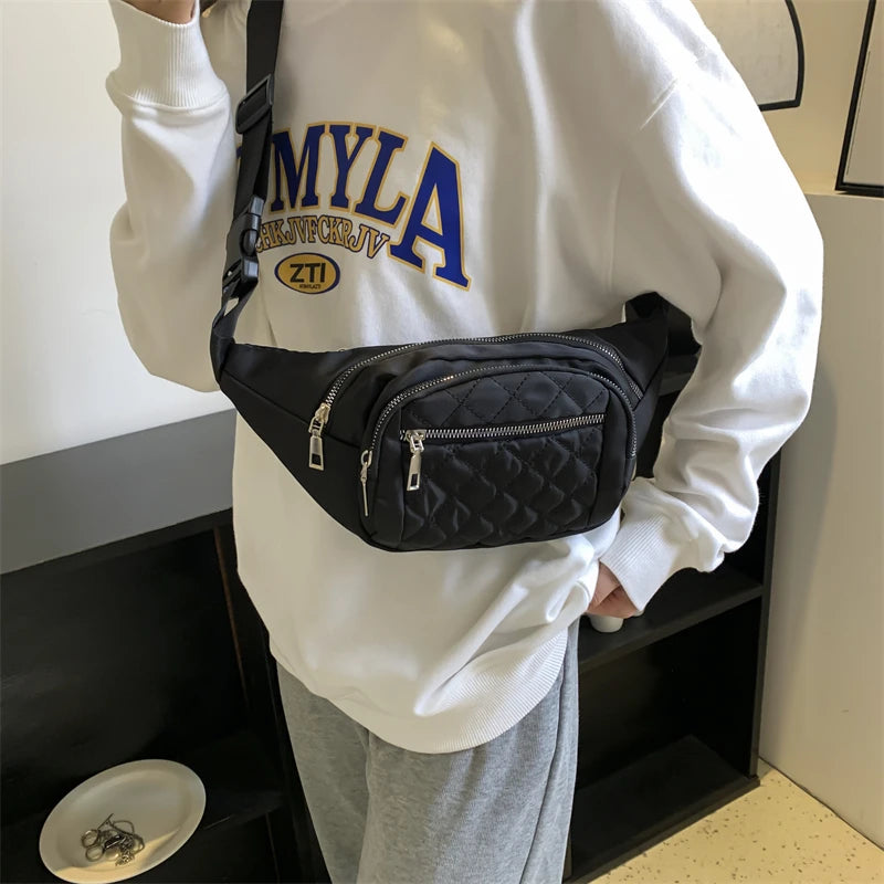 Large Women's Waist Bag Chest Bag Nylon Waterproof Fanny Pack Lattice Crossbody