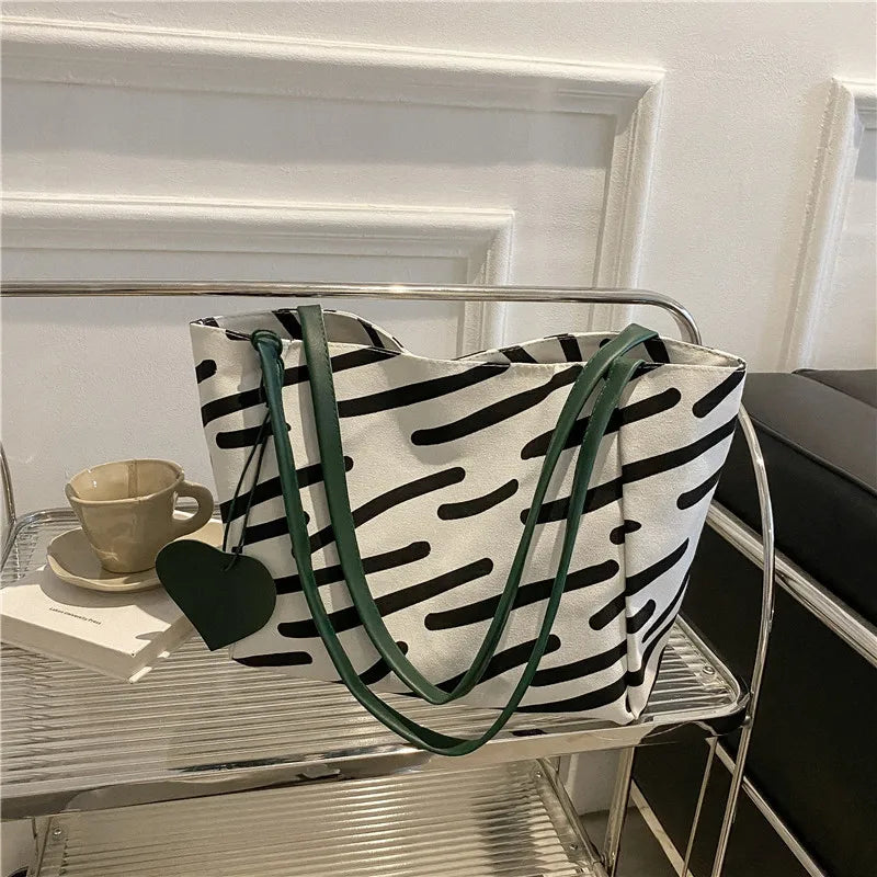 Large-capacity Canvas Shoulder Bag Women Casual Stripe Totebag