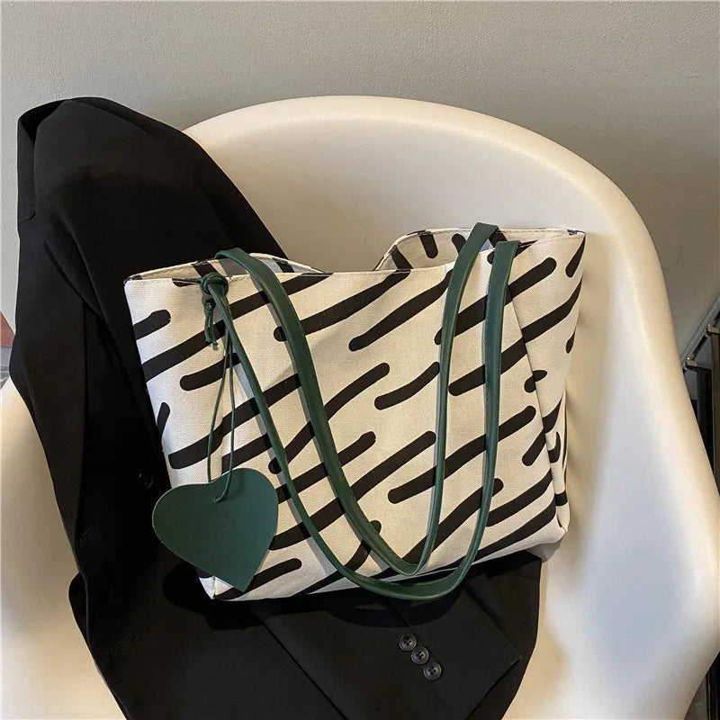 Large-capacity Canvas Shoulder Bag Women Casual Stripe Totebag