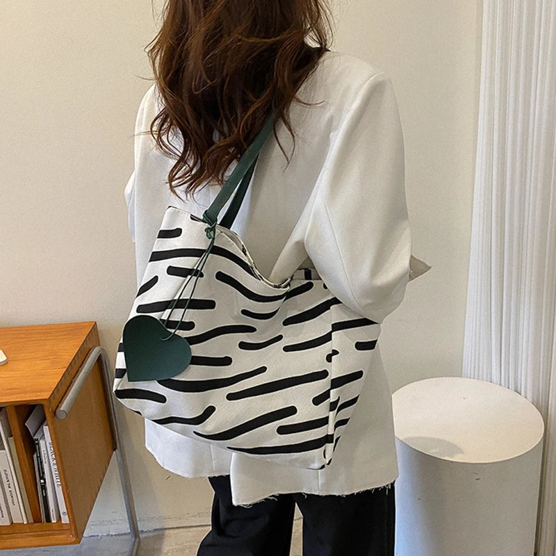 Large-capacity Canvas Shoulder Bag Women Casual Stripe Totebag