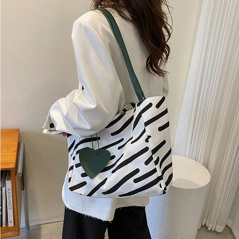 Large-capacity Canvas Shoulder Bag Women Casual Stripe Totebag