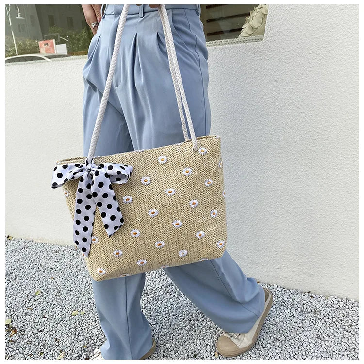Straw Woven Bag Silk Scarf Women's Shoulder Bag Beach Handbags