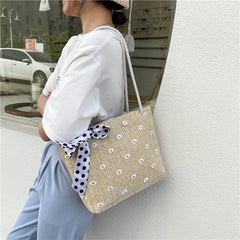Straw Woven Bag Silk Scarf Women's Shoulder Bag Beach Handbags