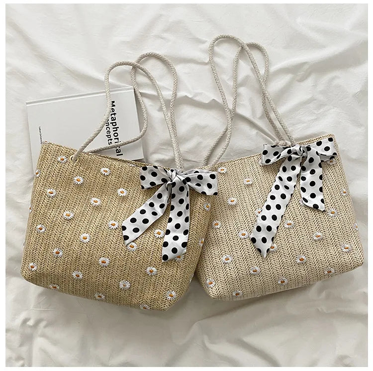 Straw Woven Bag Silk Scarf Women's Shoulder Bag Beach Handbags