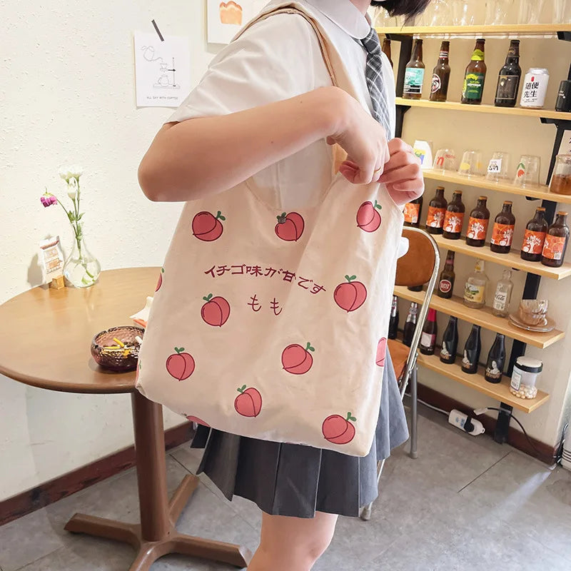 Large Capacity Peach Print Shoulder Bag Japanese Students School Bag