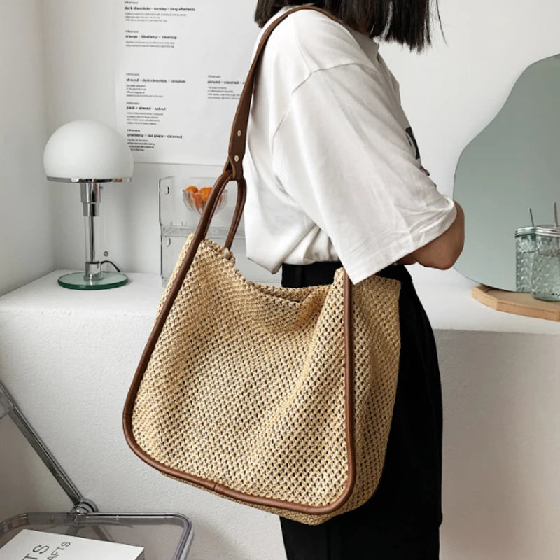 Large Capacity Portable Straw Woven Bag Women's Tote Shoulder Bag