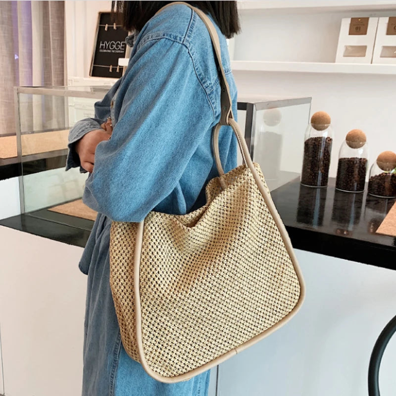 Large Capacity Portable Straw Woven Bag Women's Tote Shoulder Bag
