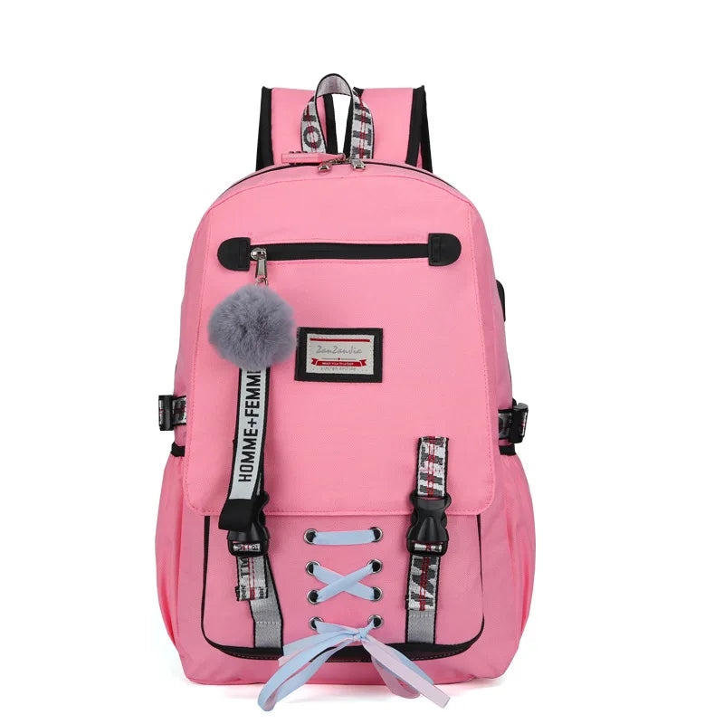 Pink Teen School Backpack with USB Port Canvas Schoolbag
