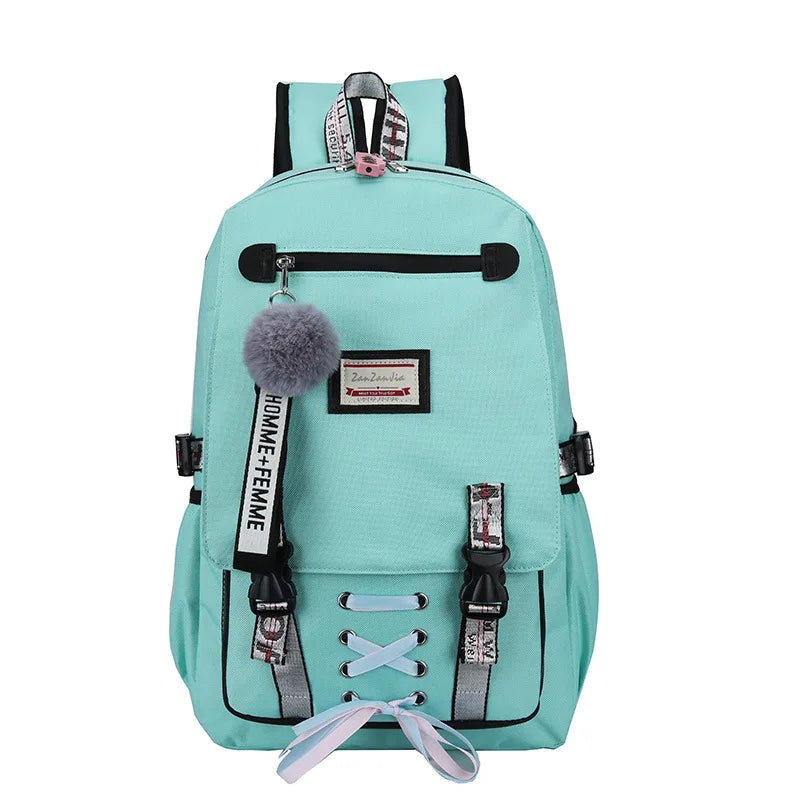 Pink Canvas School Bag with USB Port for Teen Girls