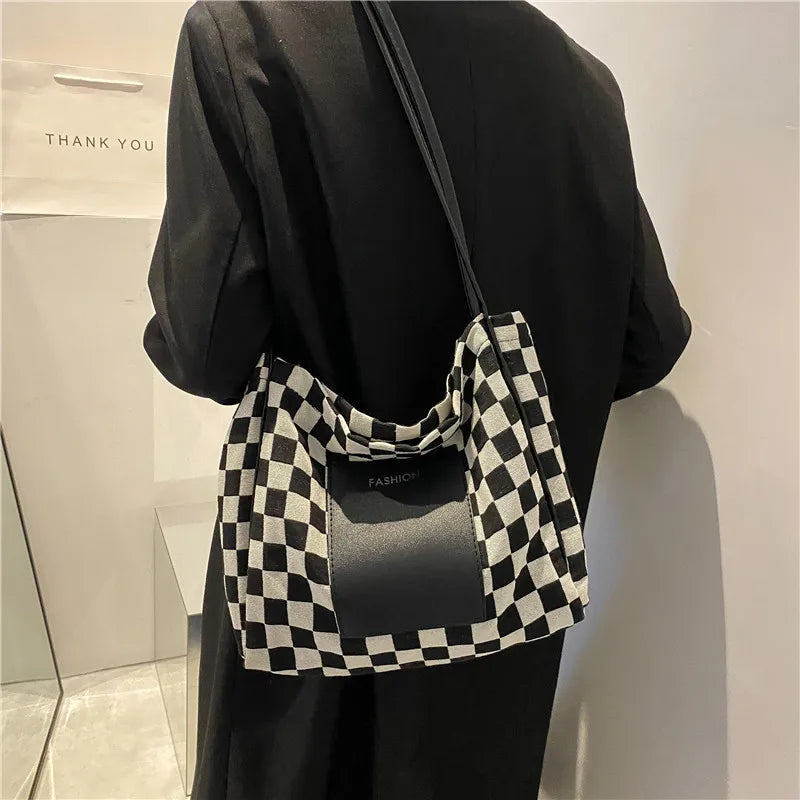 Checkerboard Letter Canvas Tote Bag for Women