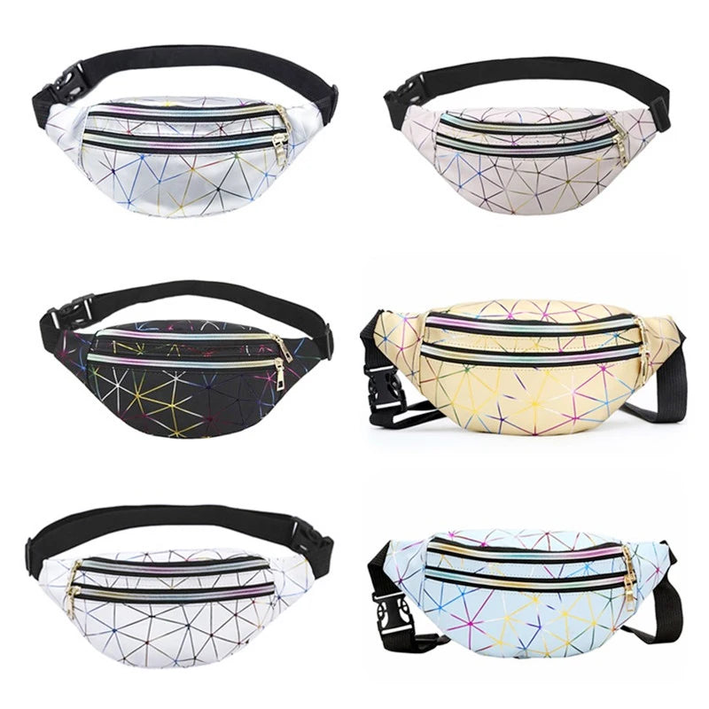 Geometric Pattern Waist Bag PU Leather Belt Chest Phone Pouch Unisex Purse