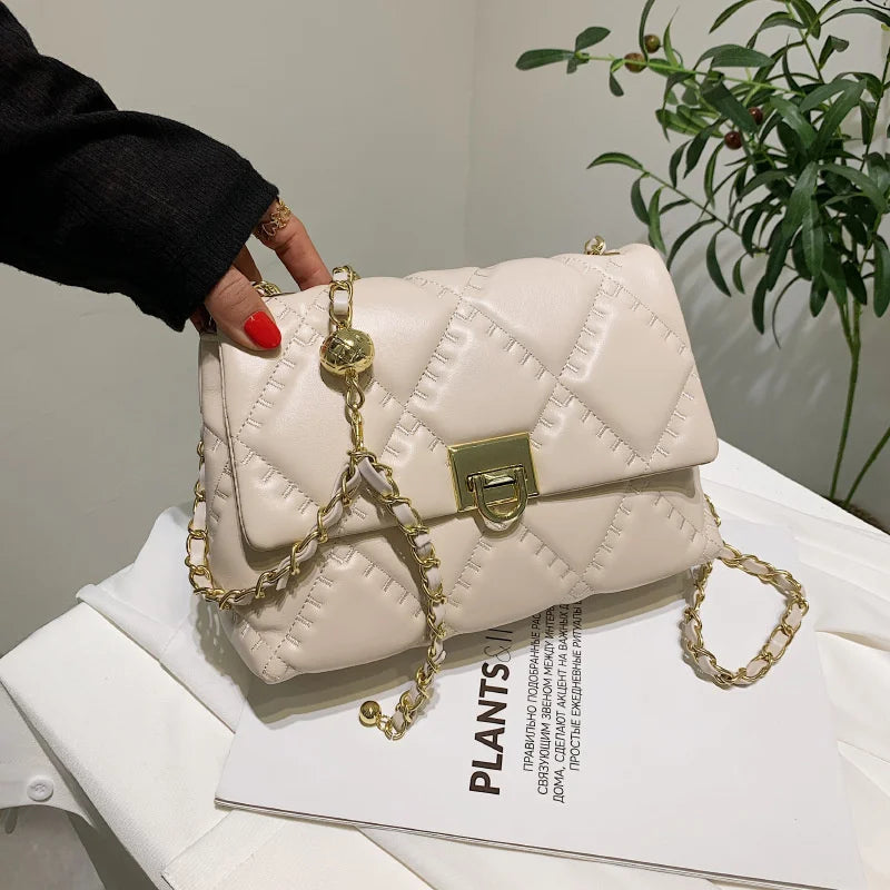 Quilted Chain Strap Shoulder Bag PU Leather Crossbody Bag