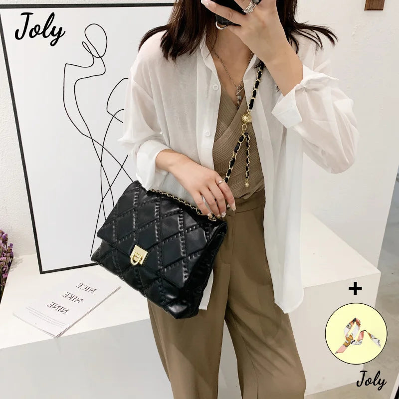 Quilted Chain Strap Shoulder Bag PU Leather Crossbody Bag