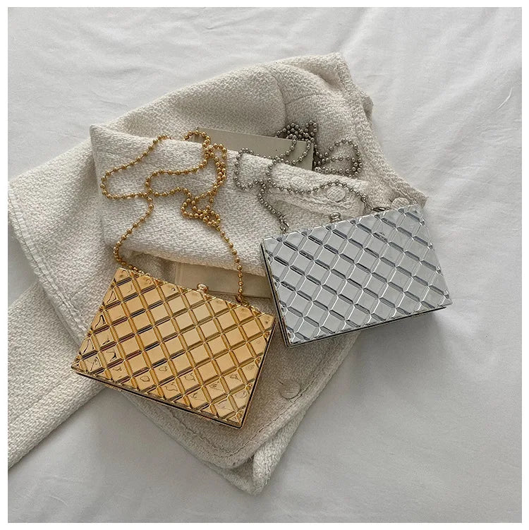 Silver Plaid Crossbody Bag Women Party Clutch Shoulder Chain Purse Handbags