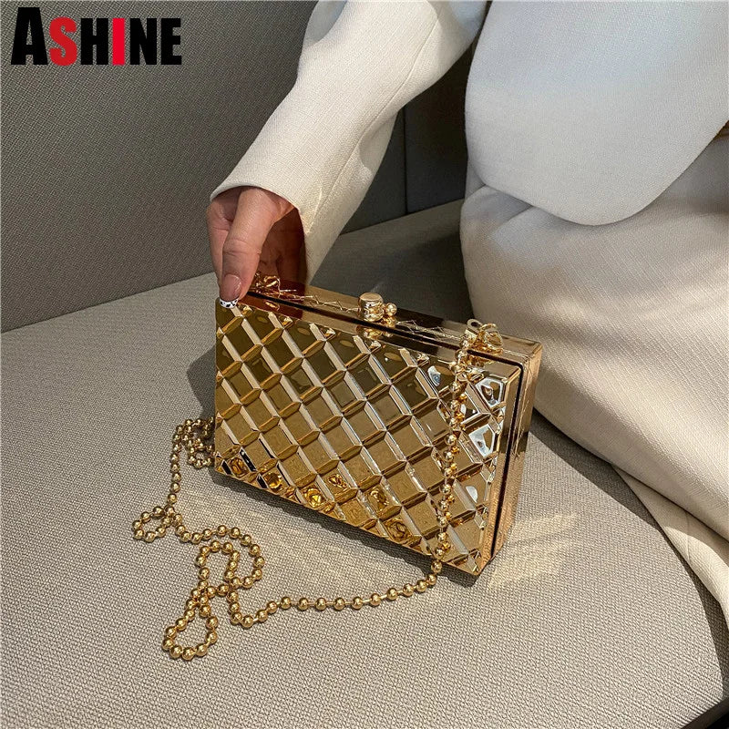 Silver Plaid Crossbody Bag Women Party Clutch Shoulder Chain Purse Handbags