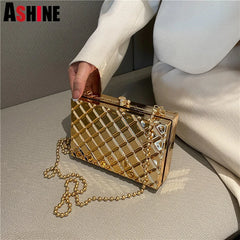 Silver Plaid Crossbody Bag Women Party Clutch Shoulder Chain Purse Handbags