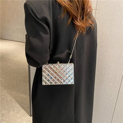 Silver Plaid Crossbody Bag Women Party Clutch Shoulder Chain Purse Handbags