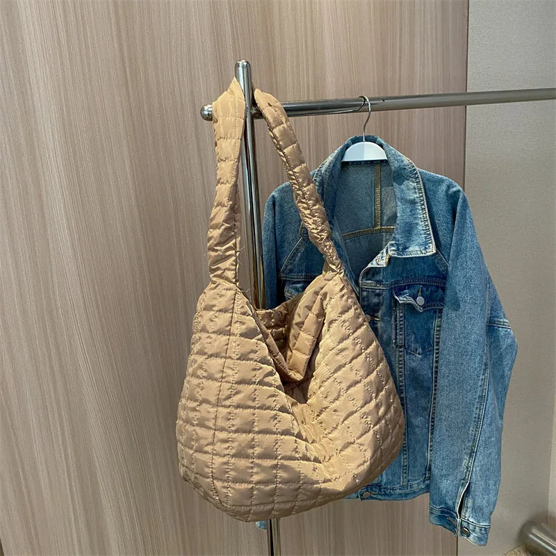 Lattice Pattern Shoulder Bag Cotton Handbag Women Large Capacity Tote Bags