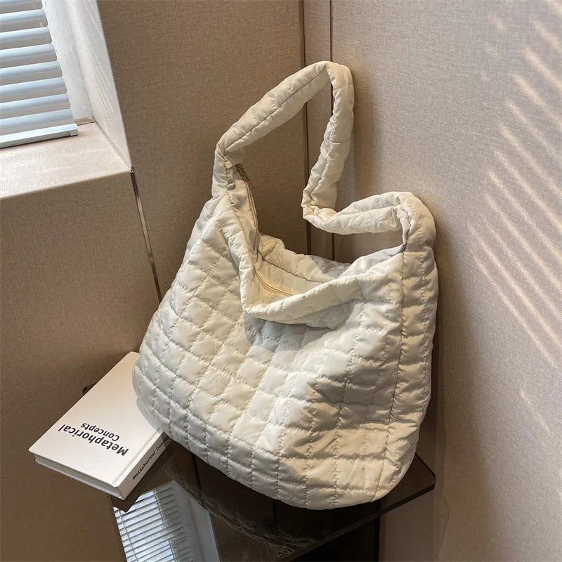 Lattice Pattern Shoulder Bag Cotton Handbag Women Large Capacity Tote Bags