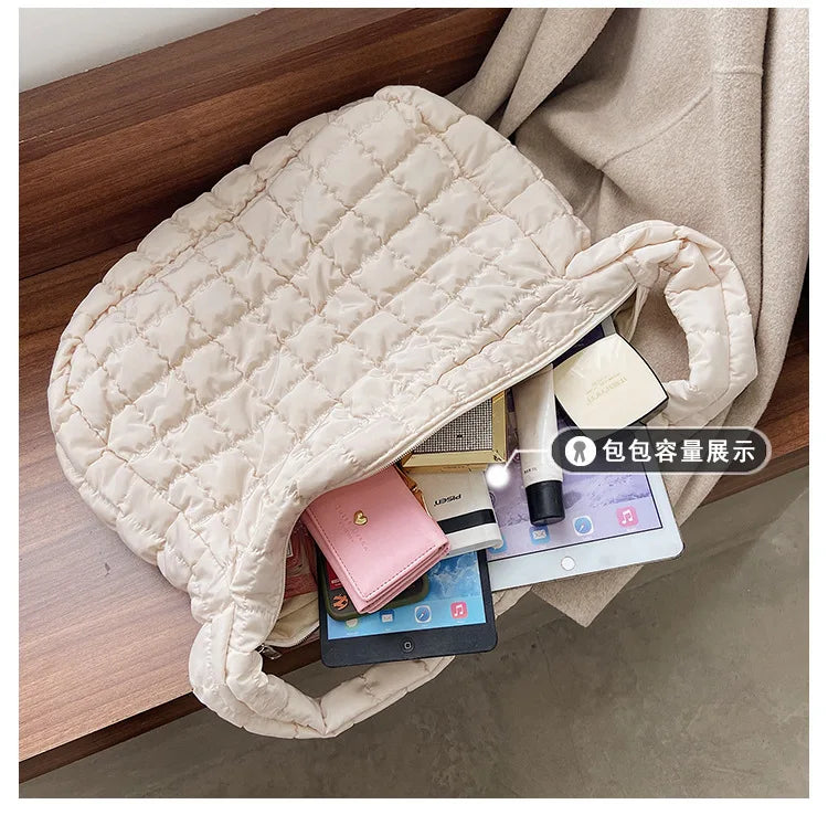 Quilted Shoulder Bag Lattice Pattern Women's Handbag Feather Padded Tote