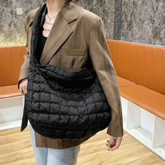 Quilted Shoulder Bag Lattice Pattern Women's Handbag Feather Padded Tote
