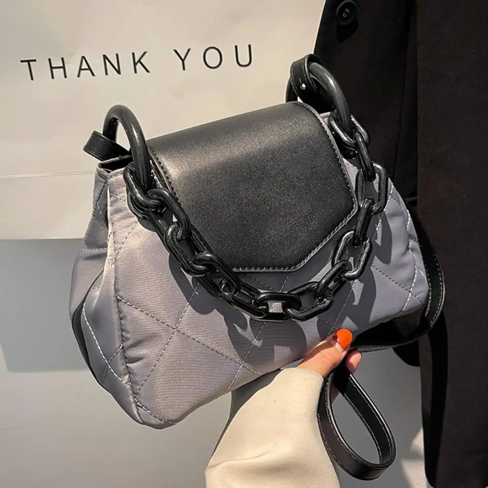 Winter Lattice Square Chain Tote Bag High-quality Nylon Women's Handbag