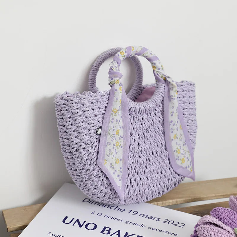 Purple Straw Tote Bag Weaving Shoulder Handbag