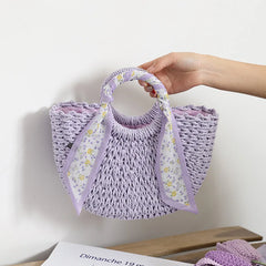 Purple Straw Tote Bag Weaving Shoulder Handbag