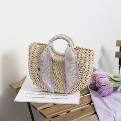 Purple Straw Tote Bag Weaving Shoulder Handbag