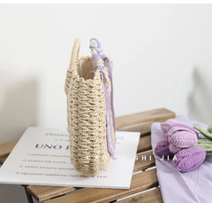 Purple Straw Tote Bag Weaving Shoulder Handbag