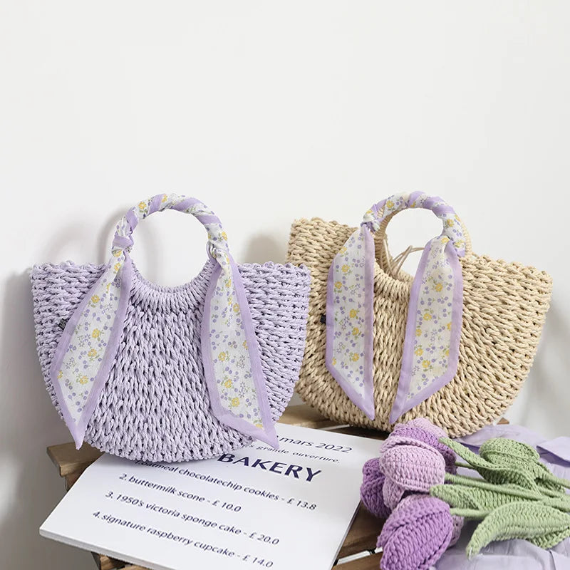 Purple Straw Tote Bag Weaving Shoulder Handbag