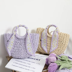 Purple Straw Tote Bag Weaving Shoulder Handbag