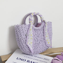 Purple Straw Tote Bag Weaving Shoulder Handbag