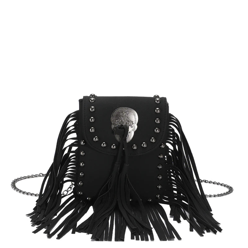 Leather Chain Phone Bag Women's Shoulder Bag Fringe Rivet Crossbody Bag