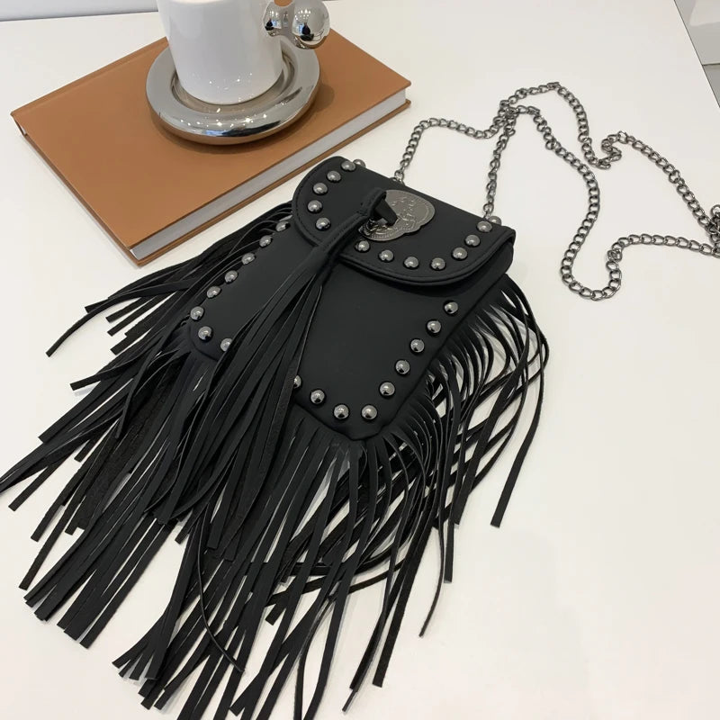 Leather Chain Phone Bag Women's Shoulder Bag Fringe Rivet Crossbody Bag