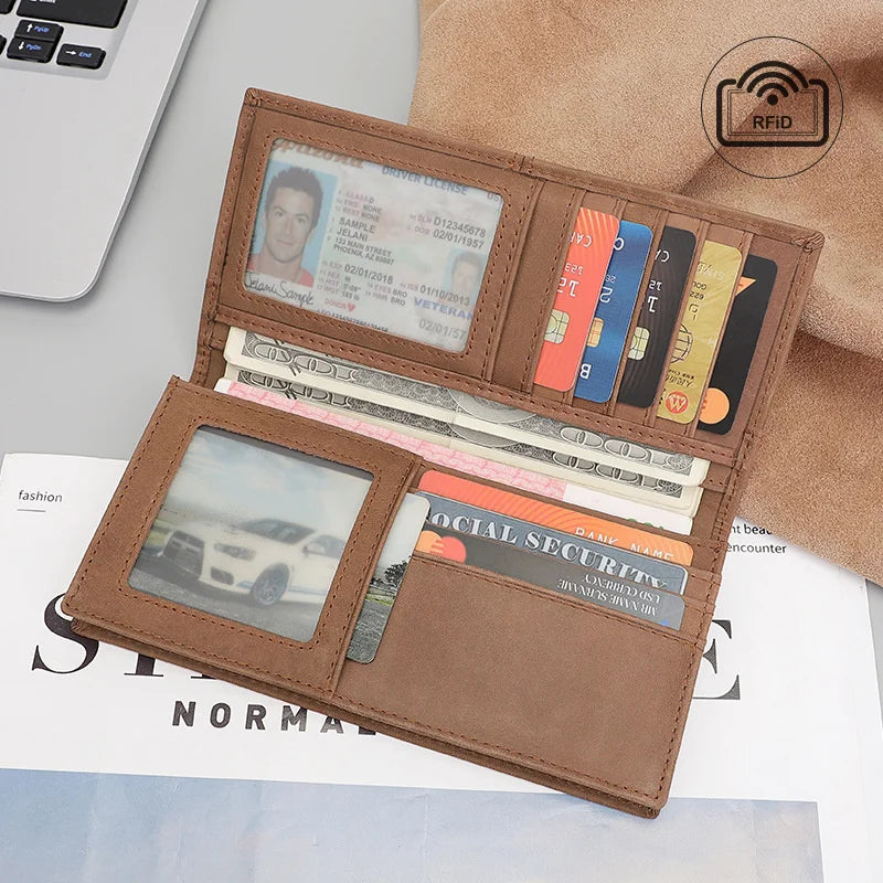 Men's Crazy Horse Leather Long RFID Wallet Anti theft US Dollar Clip