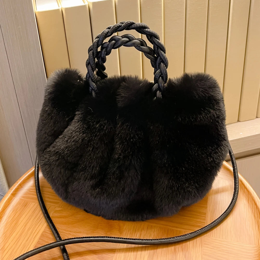 Leather Weave Handle Plush Handbag Fluffy Soft Tote Bag Purse Women's Clutch