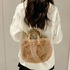 Leather Weave Handle Plush Handbag Fluffy Soft Tote Bag Purse Women's Clutch