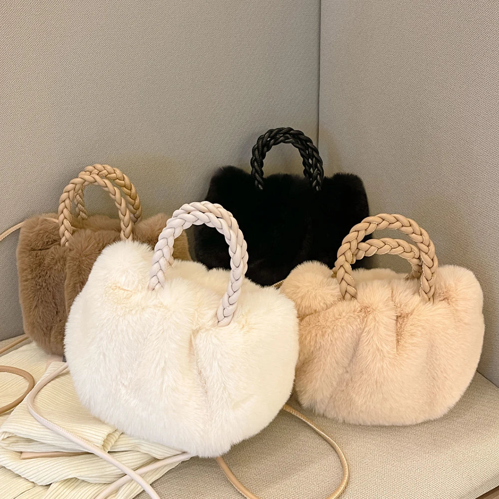 Leather Weave Handle Plush Handbag Fluffy Soft Tote Bag Purse Women's Clutch