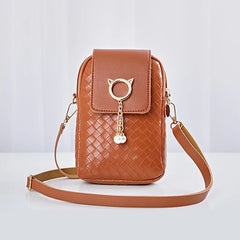 Leather Women Mini Cross-body Phone Bag Woven Pearl Tassel Cover