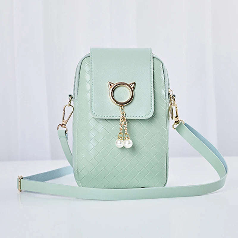 Leather Women Mini Cross-body Phone Bag Woven Pearl Tassel Cover